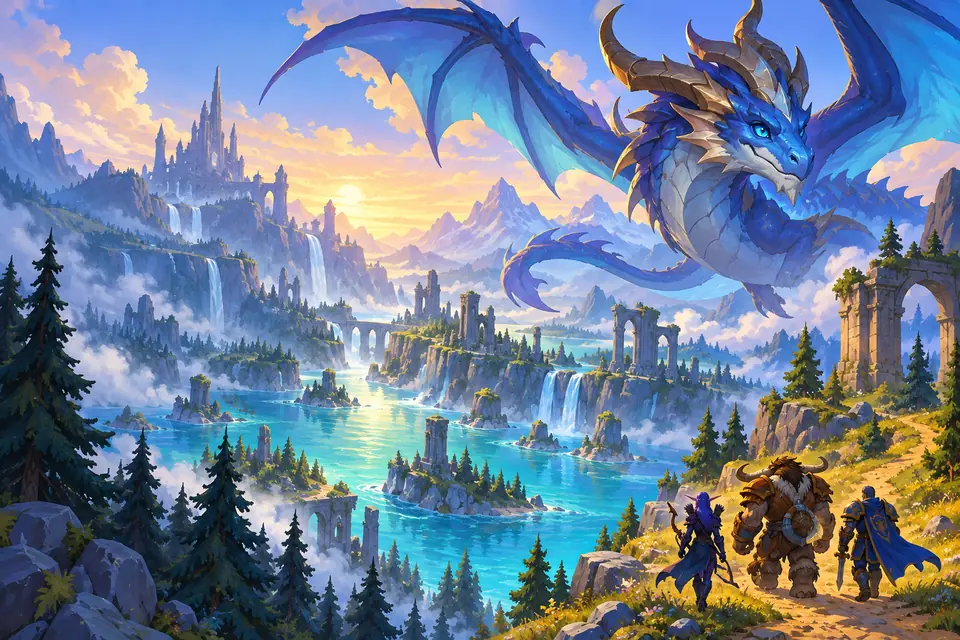 A blue dragon over a fantasy valley as three adventurers begin their journey