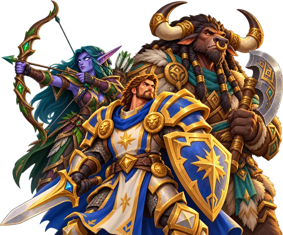 Tauren warrior with a nose ring, human paladin and blue-violet night elf